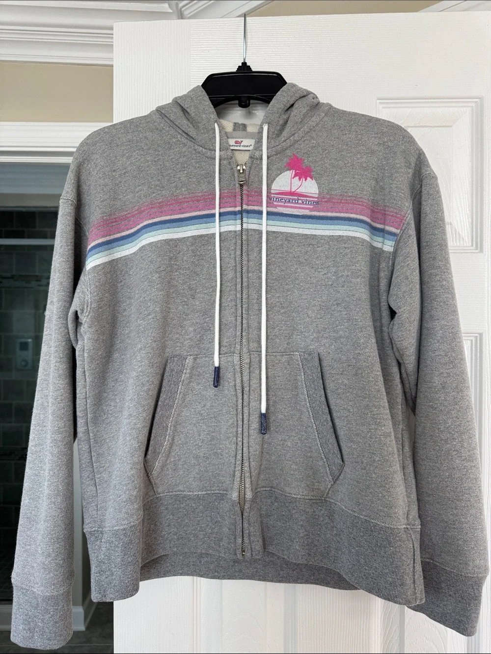 Vineyard Vines Gray Zip-Up Hoodie with Pastel Stripe
